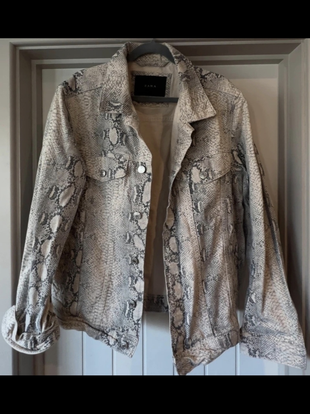Zara Snake-Print Denim Trucker Jacket in Neutral Tones
